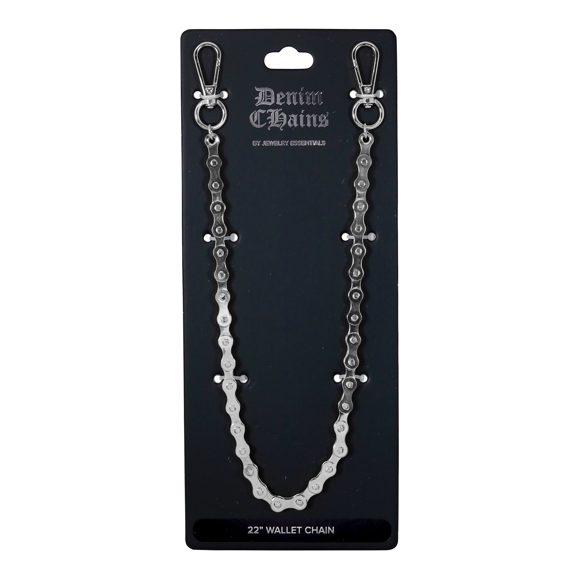 Silver wallet chain on a black card with 'Denim Chains' branding.