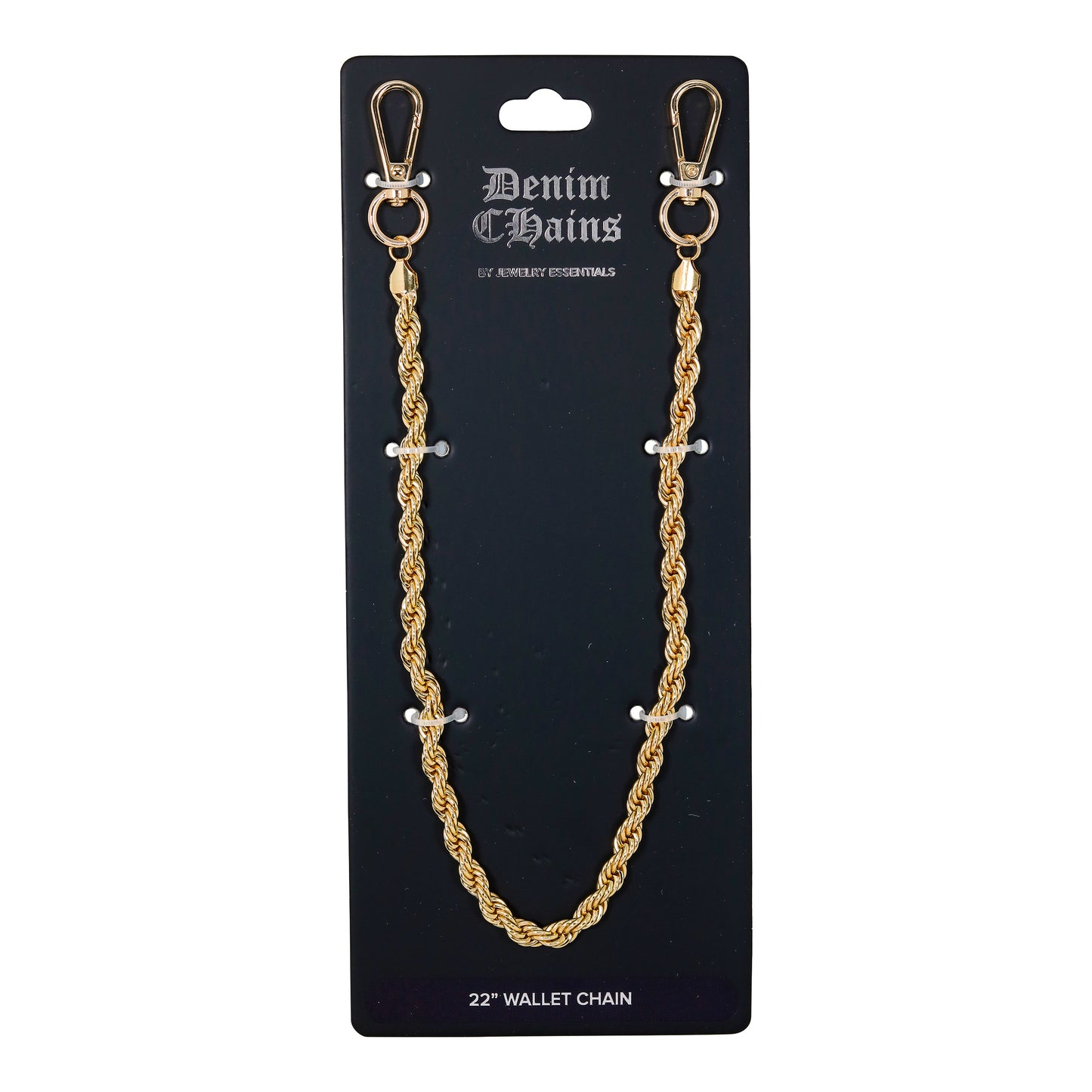 Gold chain wallet strap on a black Denim Chains branded card