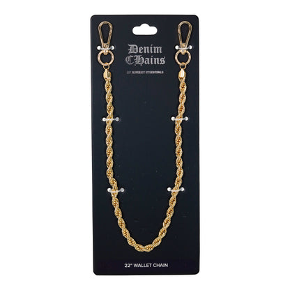 Gold chain wallet strap on a black Denim Chains branded card