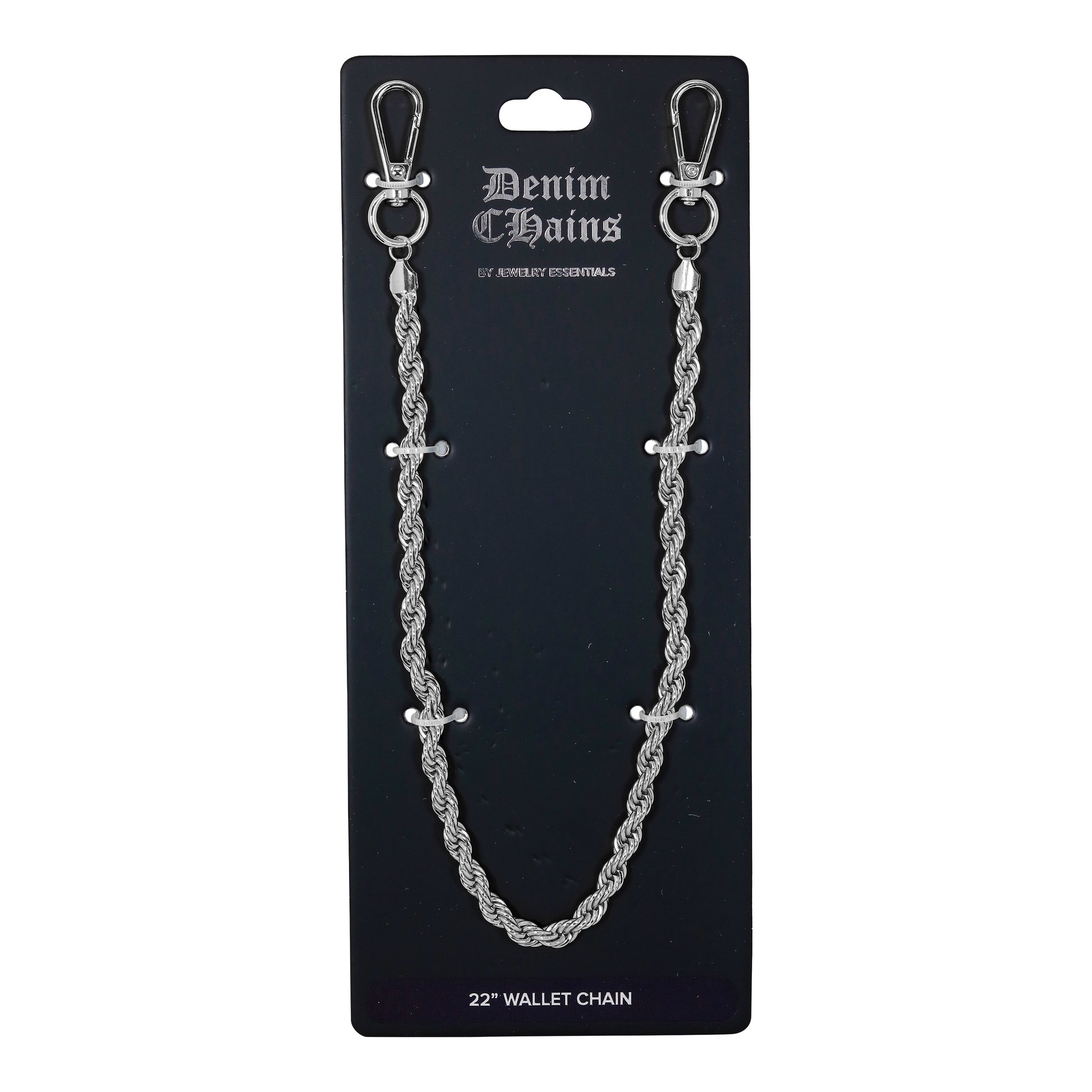Silver wallet chain on a black card with 'Denim Chains' branding.