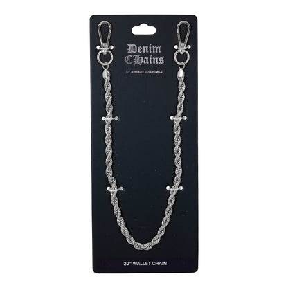 Silver wallet chain on a black card with 'Denim Chains' branding.