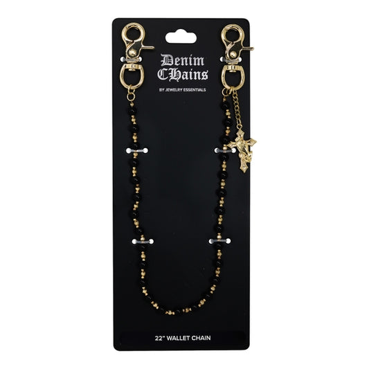 Denim Chains wallet chain on a black card with product details.