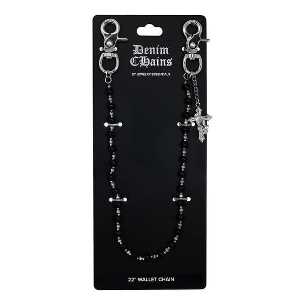 Black beaded wallet chain with silver clasp on a black card labeled 'Denim Chains by Jewelry Essentials'.