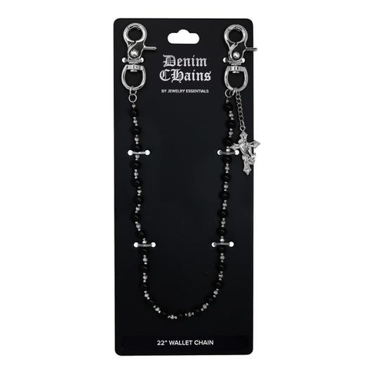 Black beaded wallet chain with silver clasp on a black card labeled 'Denim Chains by Jewelry Essentials'.