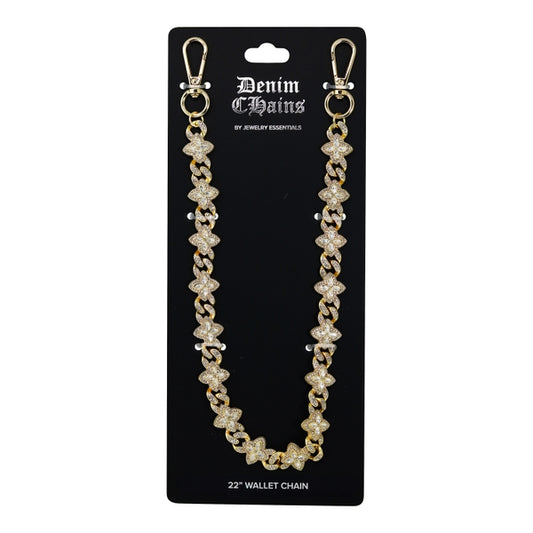 Gold chain wallet chain on a Denim Chains branded card against a white background