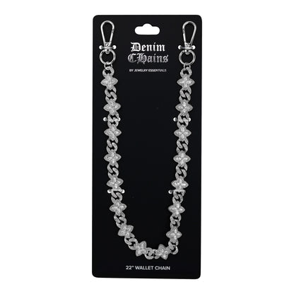 Silver chain wallet chain on a black card with 'Denim Chains' branding.