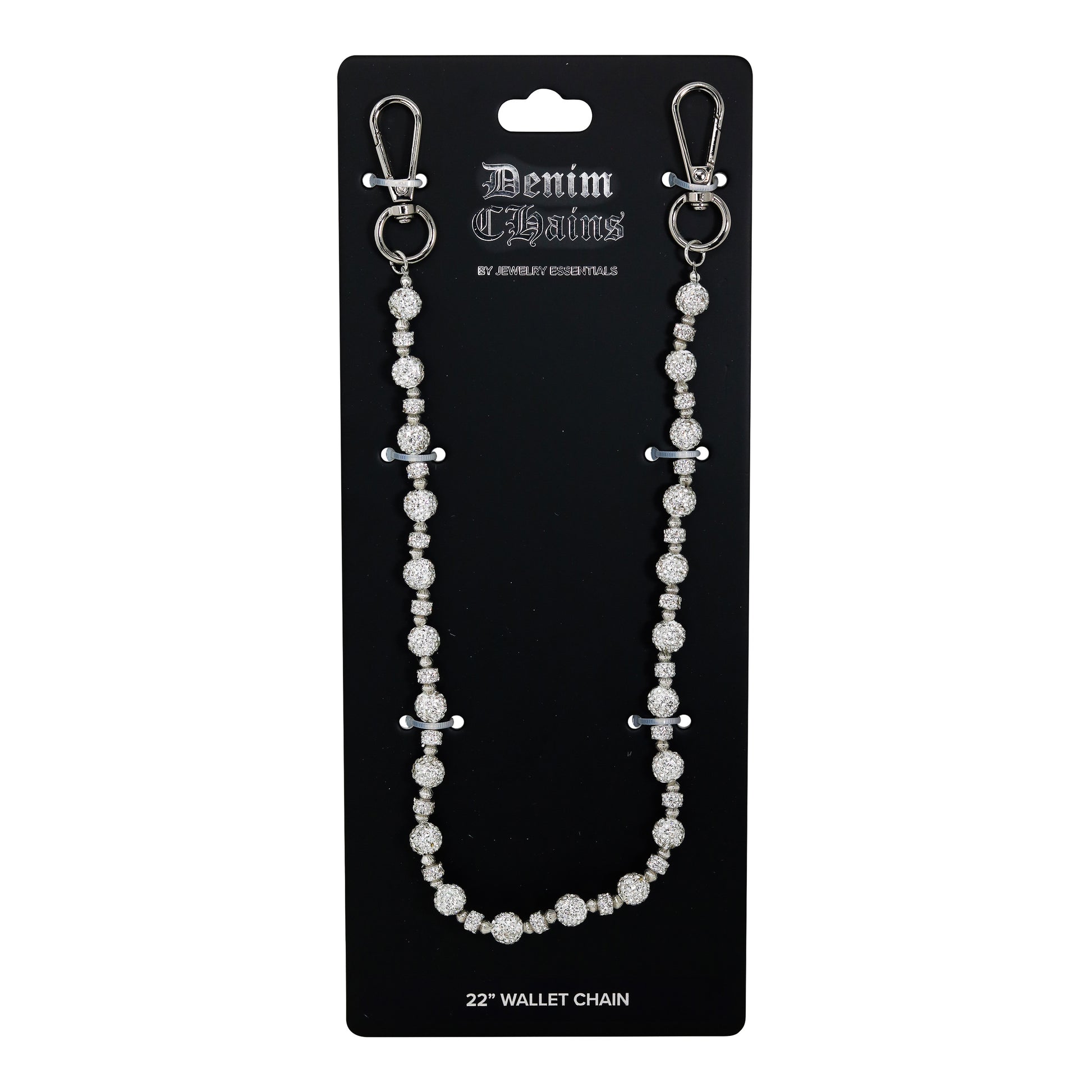 Beaded wallet chain on a Denim Chains branded card with a white background
