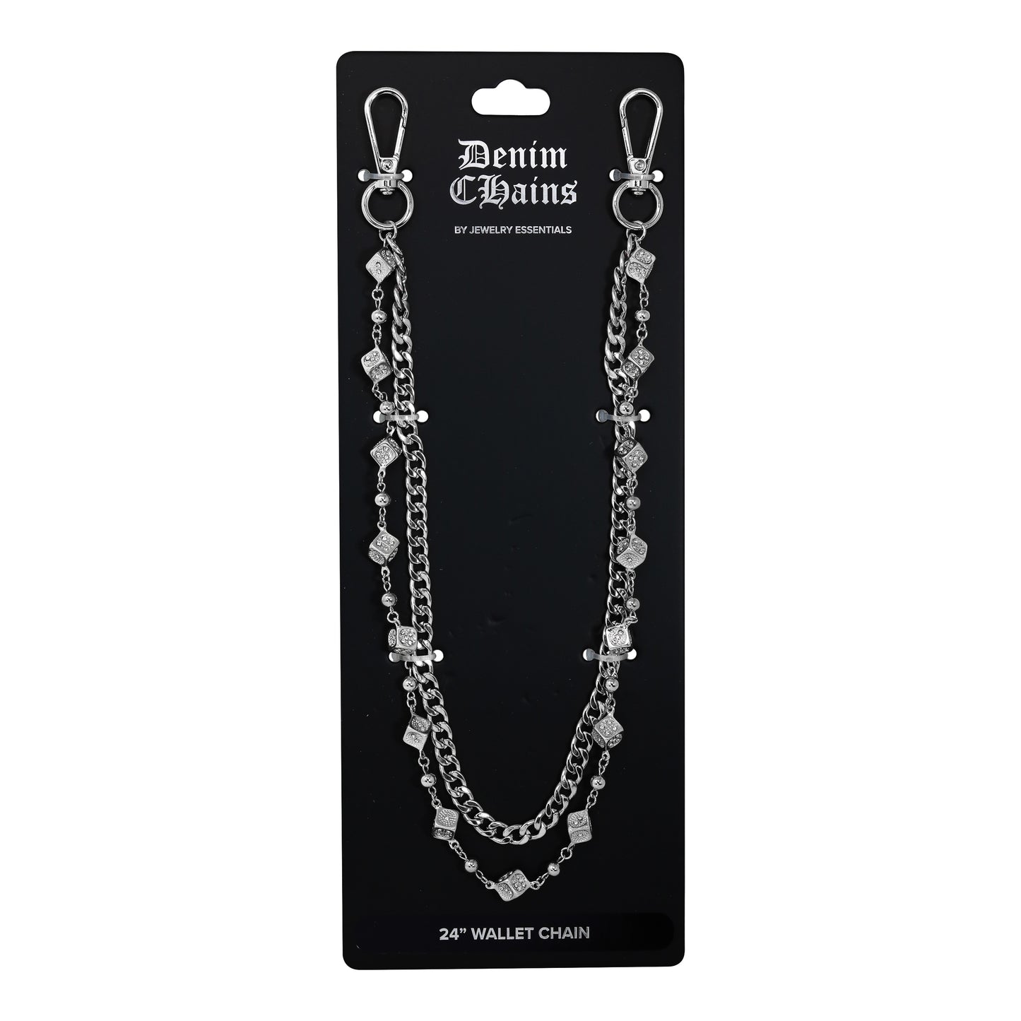 Denim Chains wallet chain on a black card with brand name.