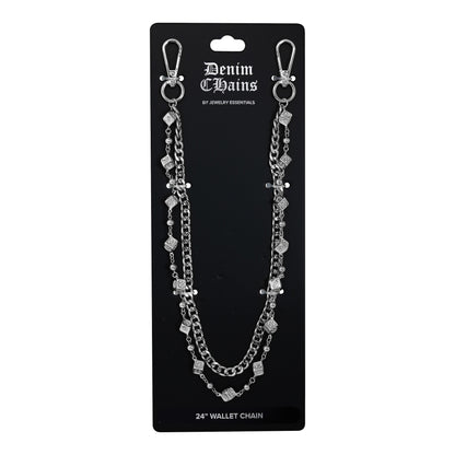 Denim Chains wallet chain on a black card with brand name.