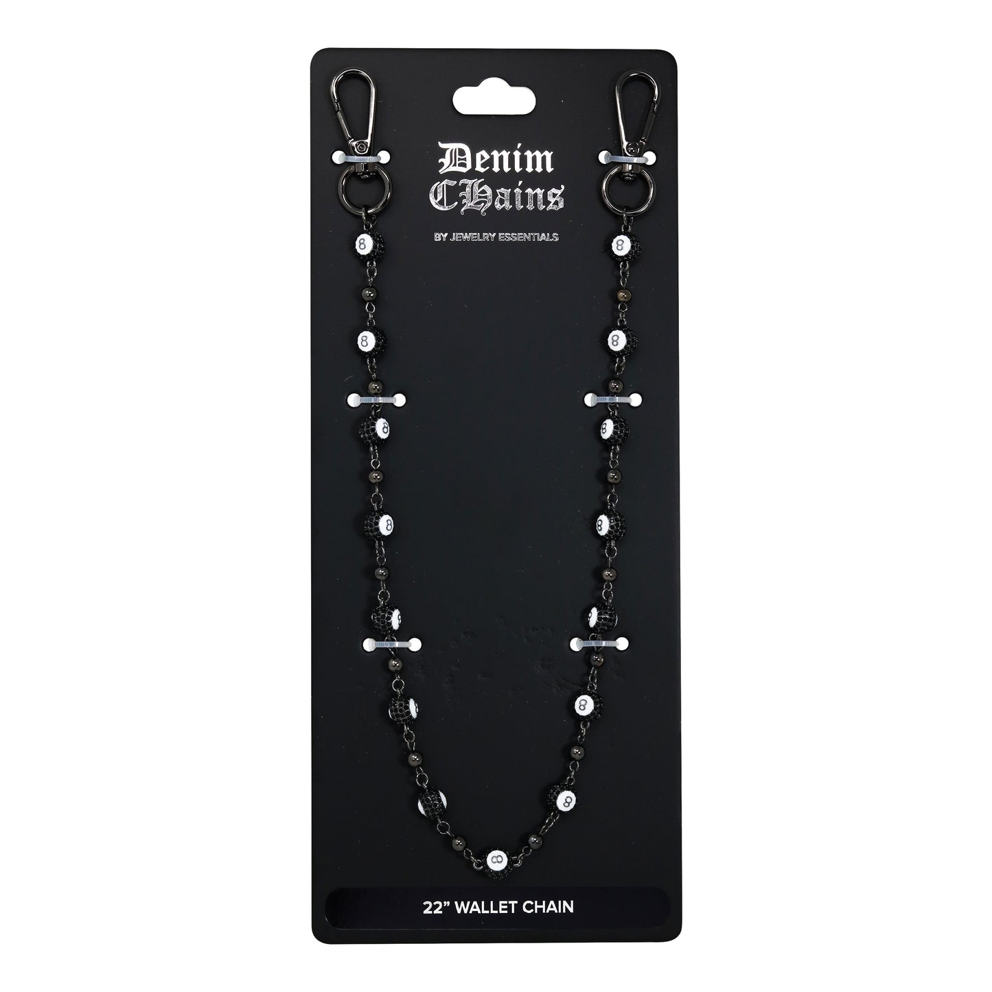 Denim Chains wallet chain on a black card with brand name.