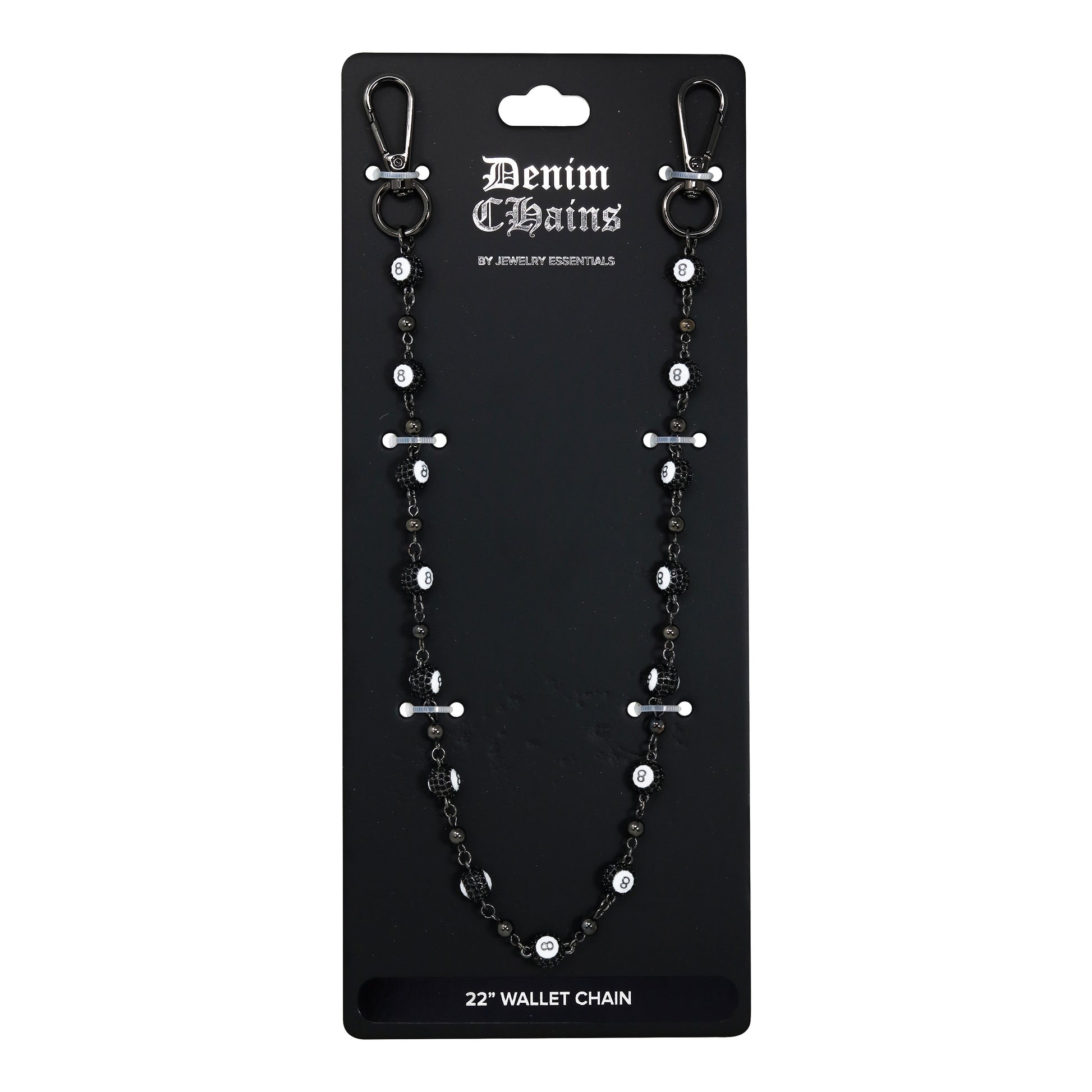 Denim Chains wallet chain on a black card with brand name.
