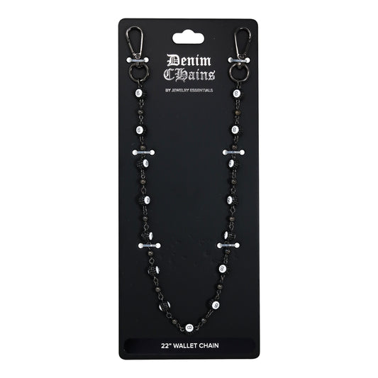 Denim Chains wallet chain on a black card with brand name.