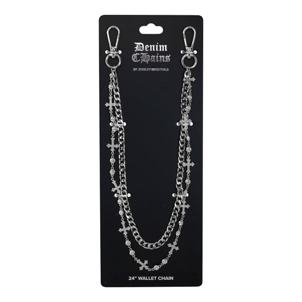Silver chain wallet chain on a black card with 'Denim Chains' branding.