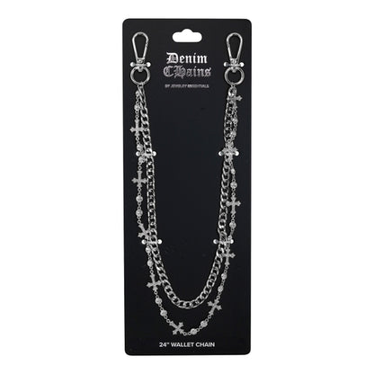 Silver chain wallet chain on a black card with 'Denim Chains' branding.