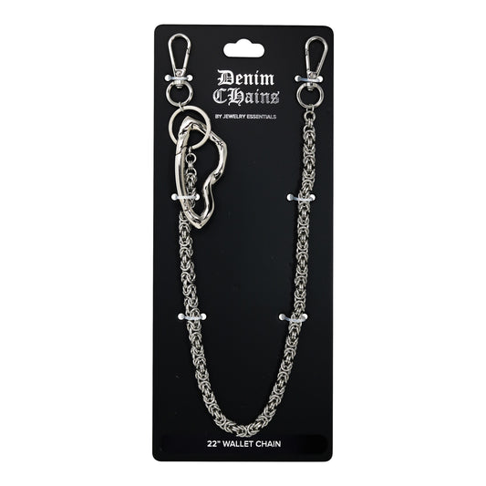 Silver wallet chain on a 'Denim Chains' branded card