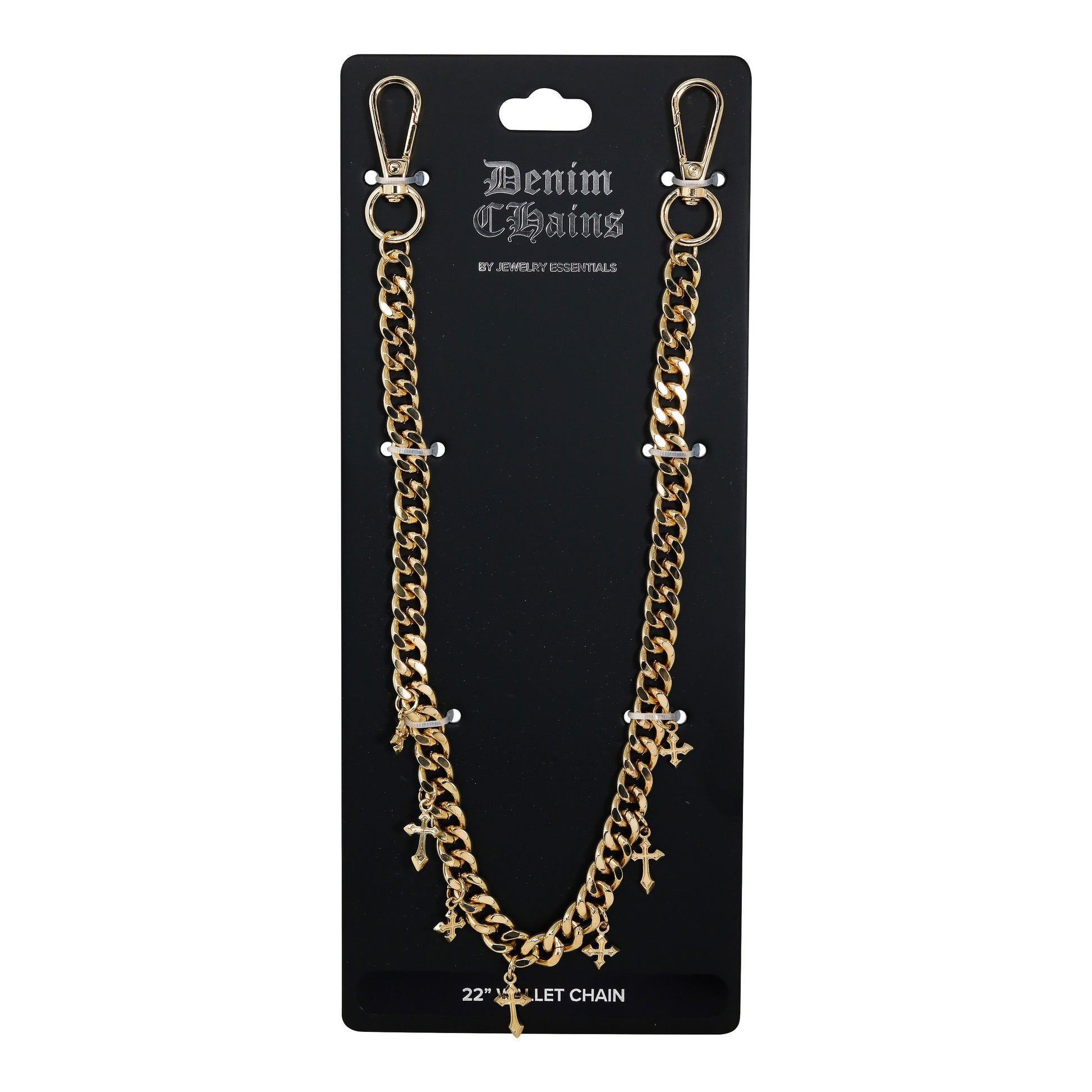 Gold chain with cross pendants on a black Denim Chains branded card.