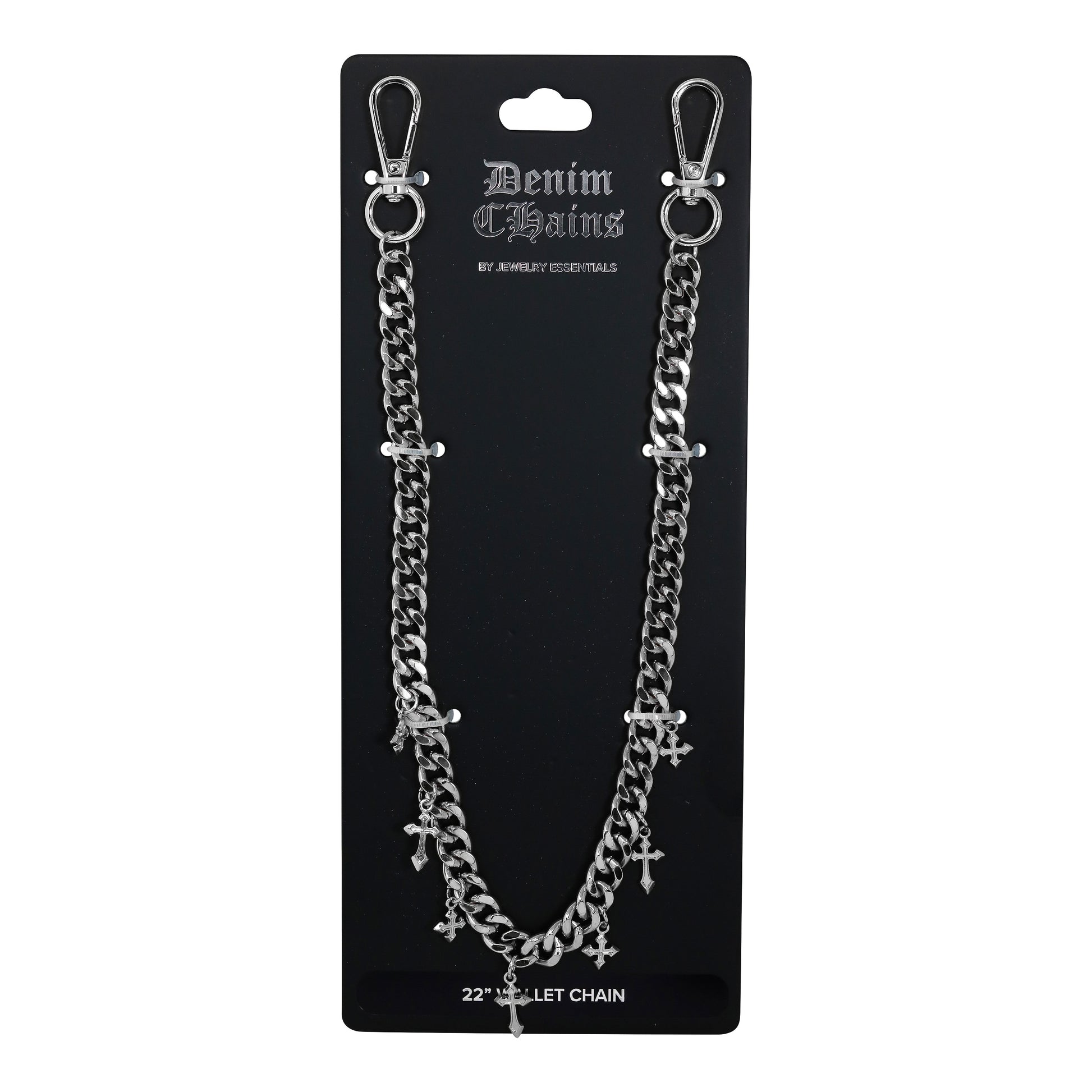Denim Chains necklace on a black card with product details.