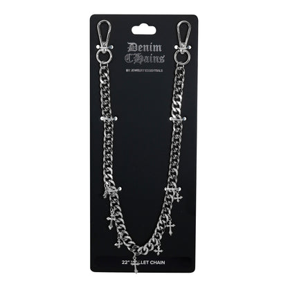 Denim Chains necklace on a black card with product details.