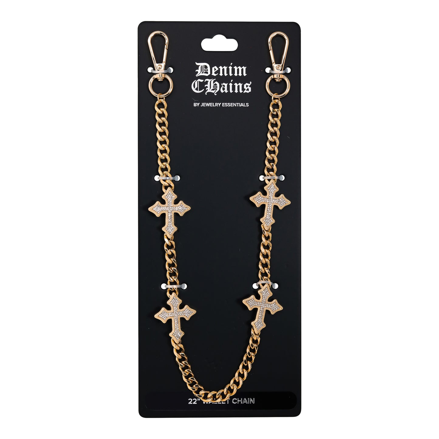 Gold chain with cross designs on a 'Denim Chains' branded card