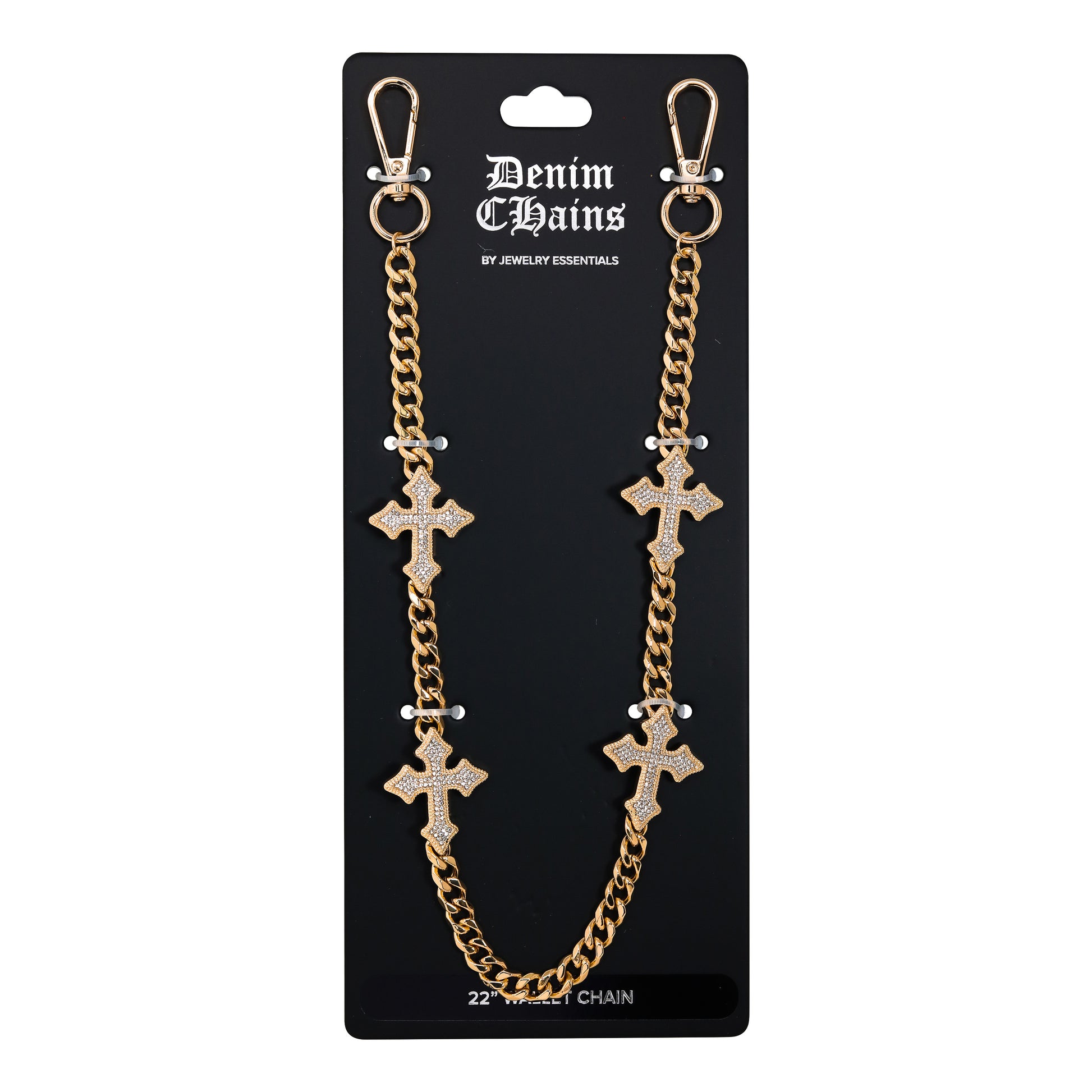 Gold chain with cross designs on a 'Denim Chains' branded card