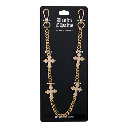 Gold chain with cross designs on a 'Denim Chains' branded card