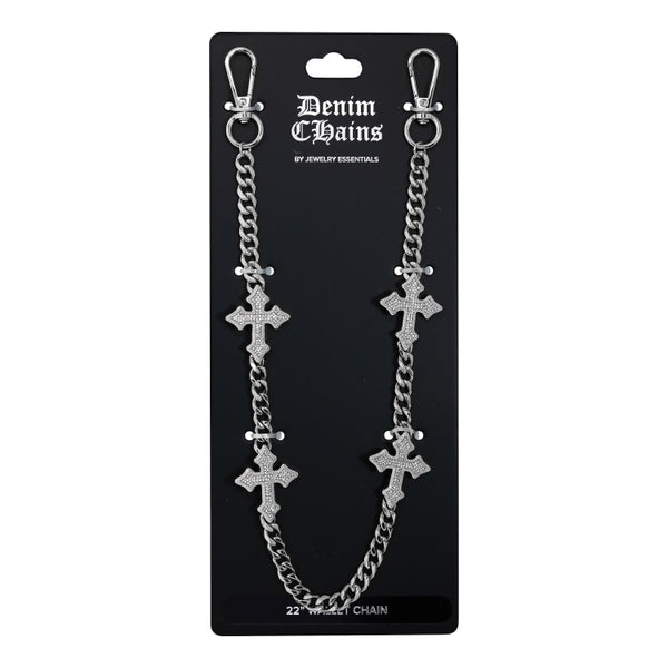 Silver chain with cross designs on a Denim Chains packaging card.