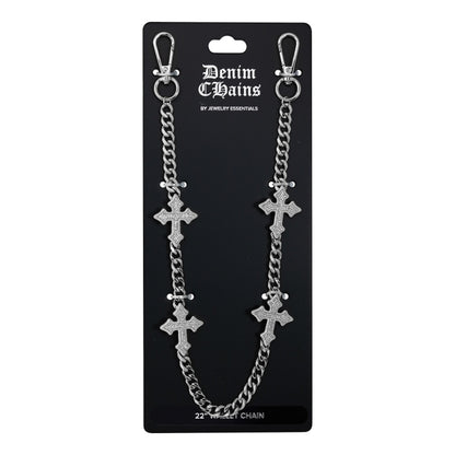 Silver chain with cross designs on a Denim Chains packaging card.