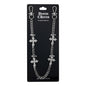 Silver chain with cross designs on a Denim Chains packaging card.