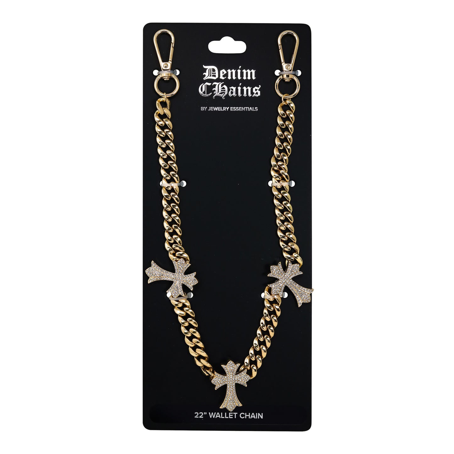Gold chain wallet chain with cross pendants on a Denim Chains branded card.
