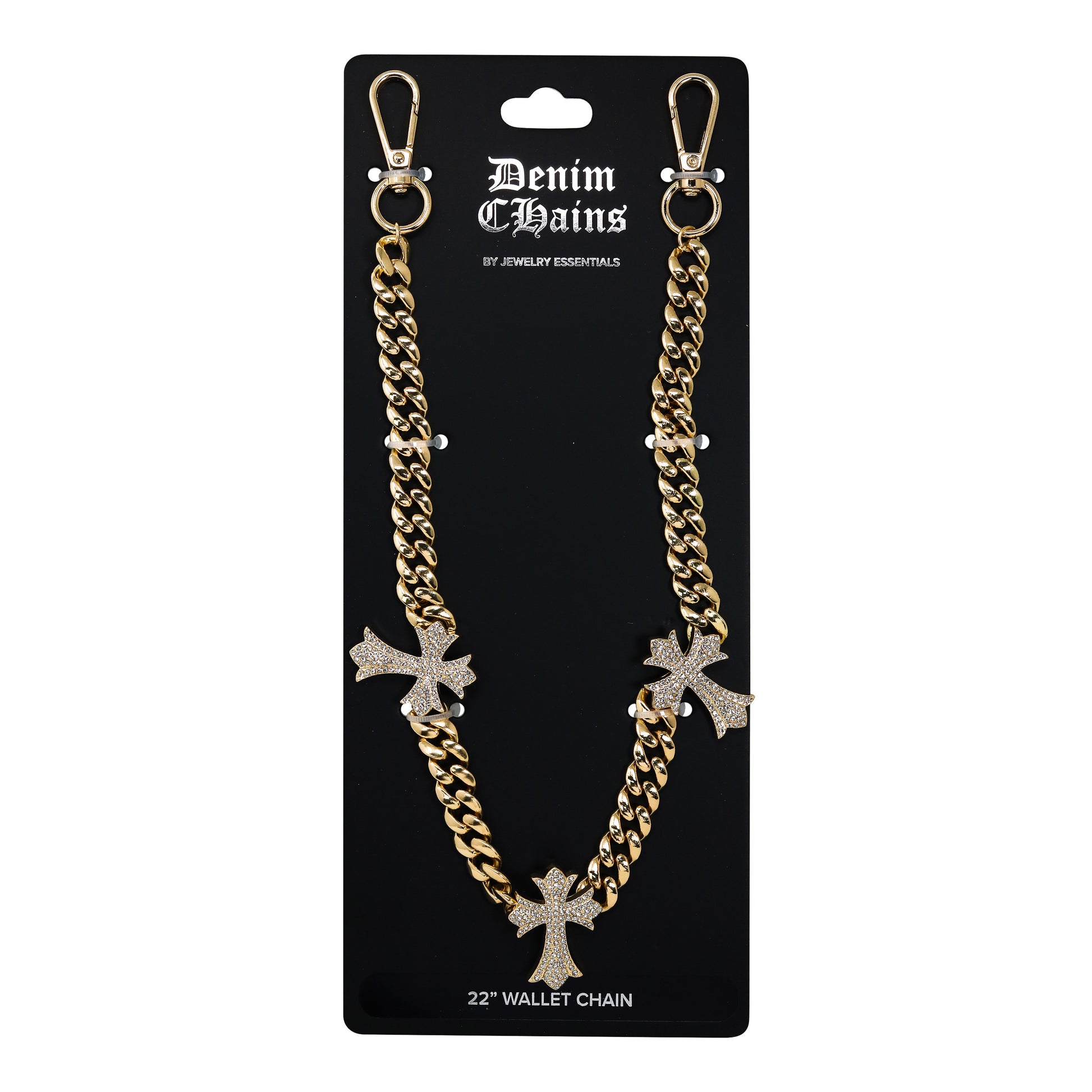 Gold chain wallet chain with cross pendants on a Denim Chains branded card.