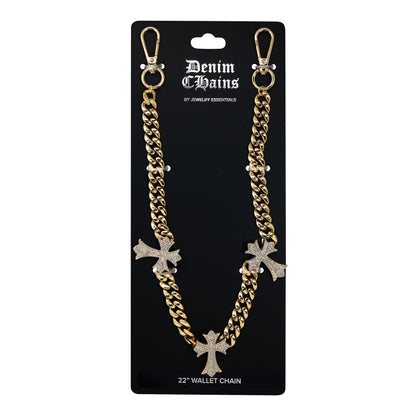 Gold chain wallet chain with cross pendants on a Denim Chains branded card.