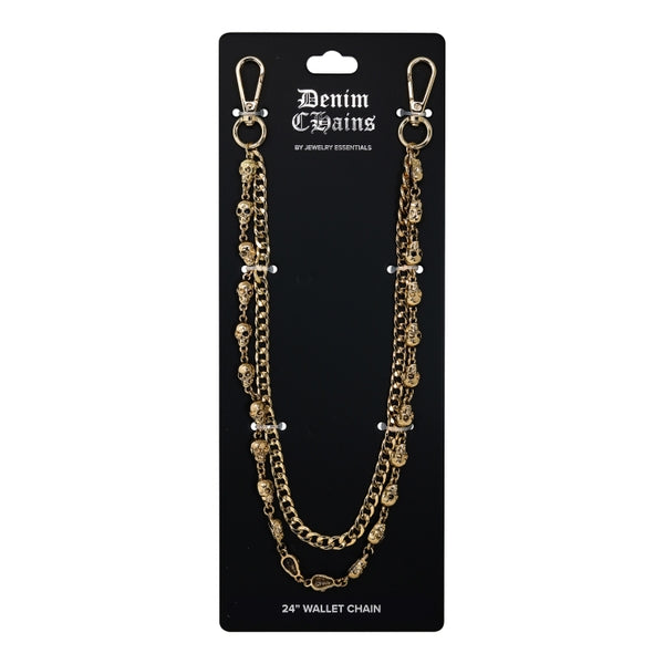 Gold chain wallet chain on a 'Denim & Gains' branded card against a white background