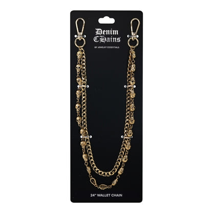 Gold chain wallet chain on a 'Denim & Gains' branded card against a white background