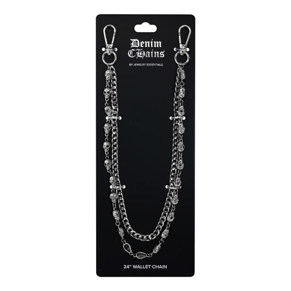 Silver chain wallet chain on a 'Denim & Gains' branded card against a white background