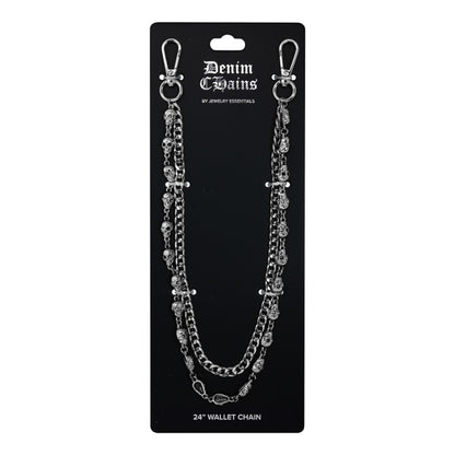 Silver chain wallet chain on a 'Denim & Gains' branded card against a white background