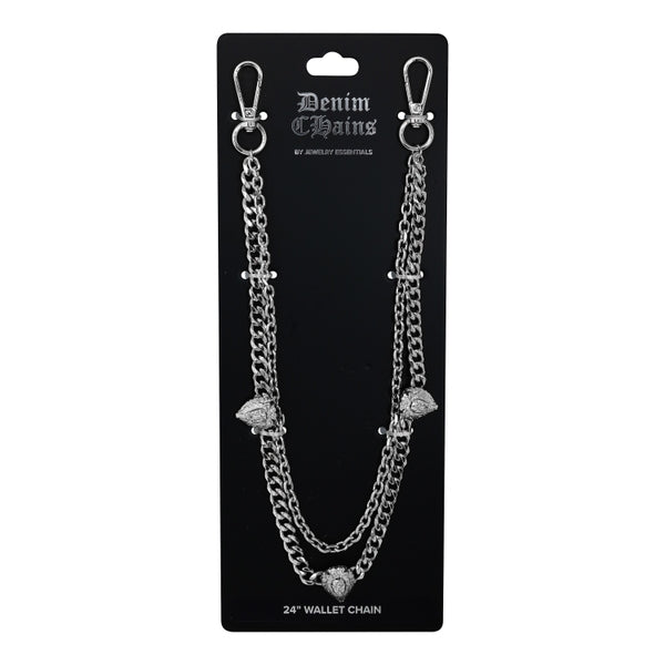 Silver chain wallet chain on a black card with 'Denim Chains' branding.