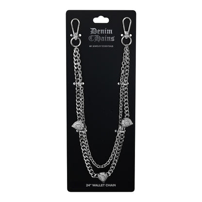 Silver chain wallet chain on a black card with 'Denim Chains' branding.
