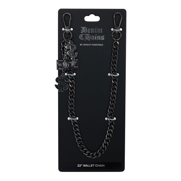 Black chain wallet strap on a black card with 'Denim Chains' branding.