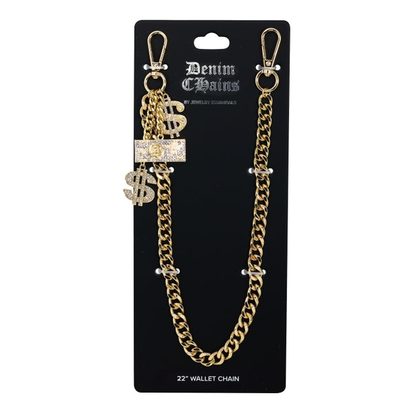 Gold chain wallet chain with dollar sign and bar clasp on a Denim Chains branded card.