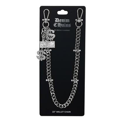 Denim Chains wallet chain on a black card with brand name.