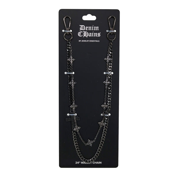 Denim Chains wallet chain on a black card with brand name.