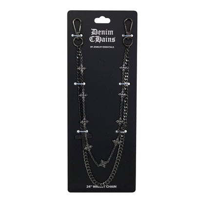 Denim Chains wallet chain on a black card with brand name.