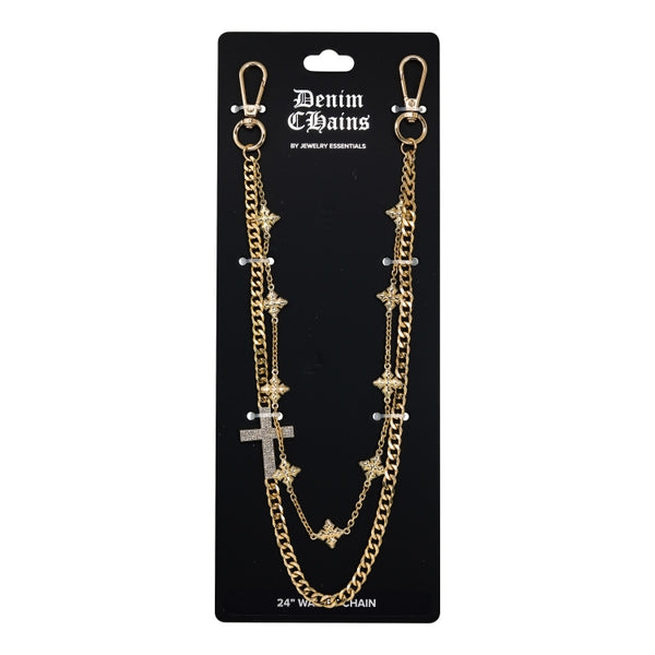 Gold chain necklace with star and cross designs on a black card labeled 'Denim Chains'.