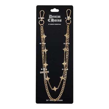 Gold chain necklace with star and cross designs on a black card labeled 'Denim Chains'.