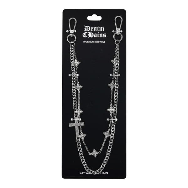 Silver chain necklace with star and cross designs on a black card packaging.
