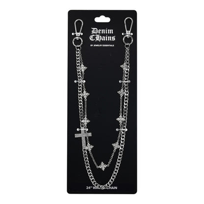 Silver chain necklace with star and cross designs on a black card packaging.