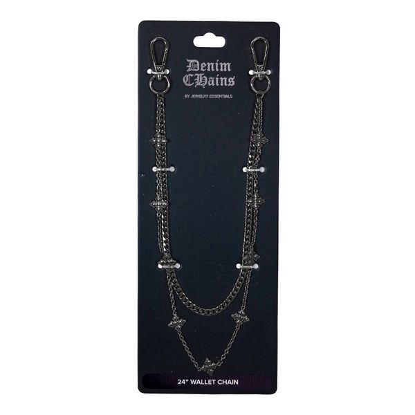 Denim Chains wallet chain on a black card with brand name.