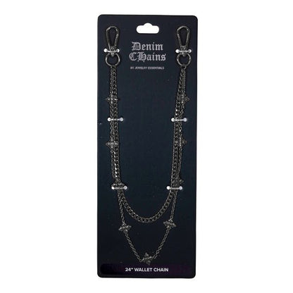 Denim Chains wallet chain on a black card with brand name.