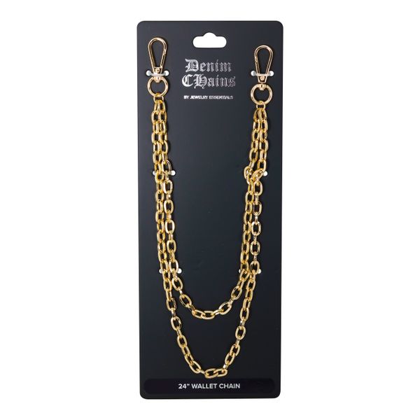 Gold chain wallet chain on a black Denim Chains packaging