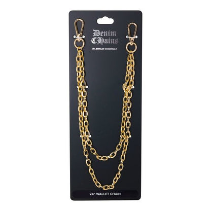 Gold chain wallet chain on a black Denim Chains packaging